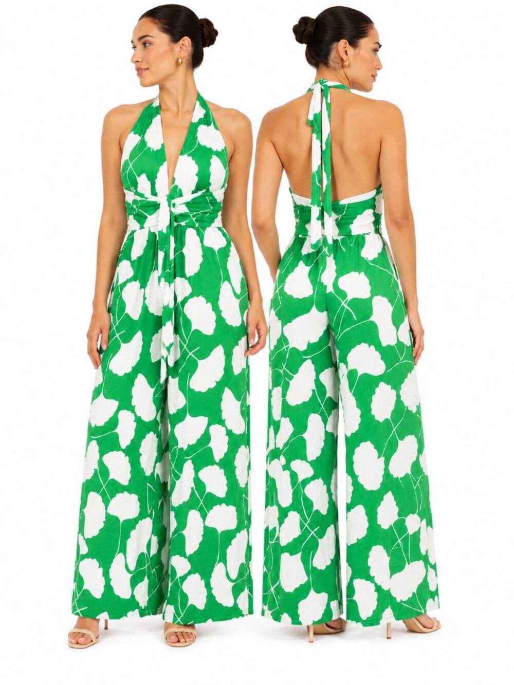 Diane von Furstenberg for Target Green Ginkgo Leaf Halter Wide Leg Jumpsuit S
